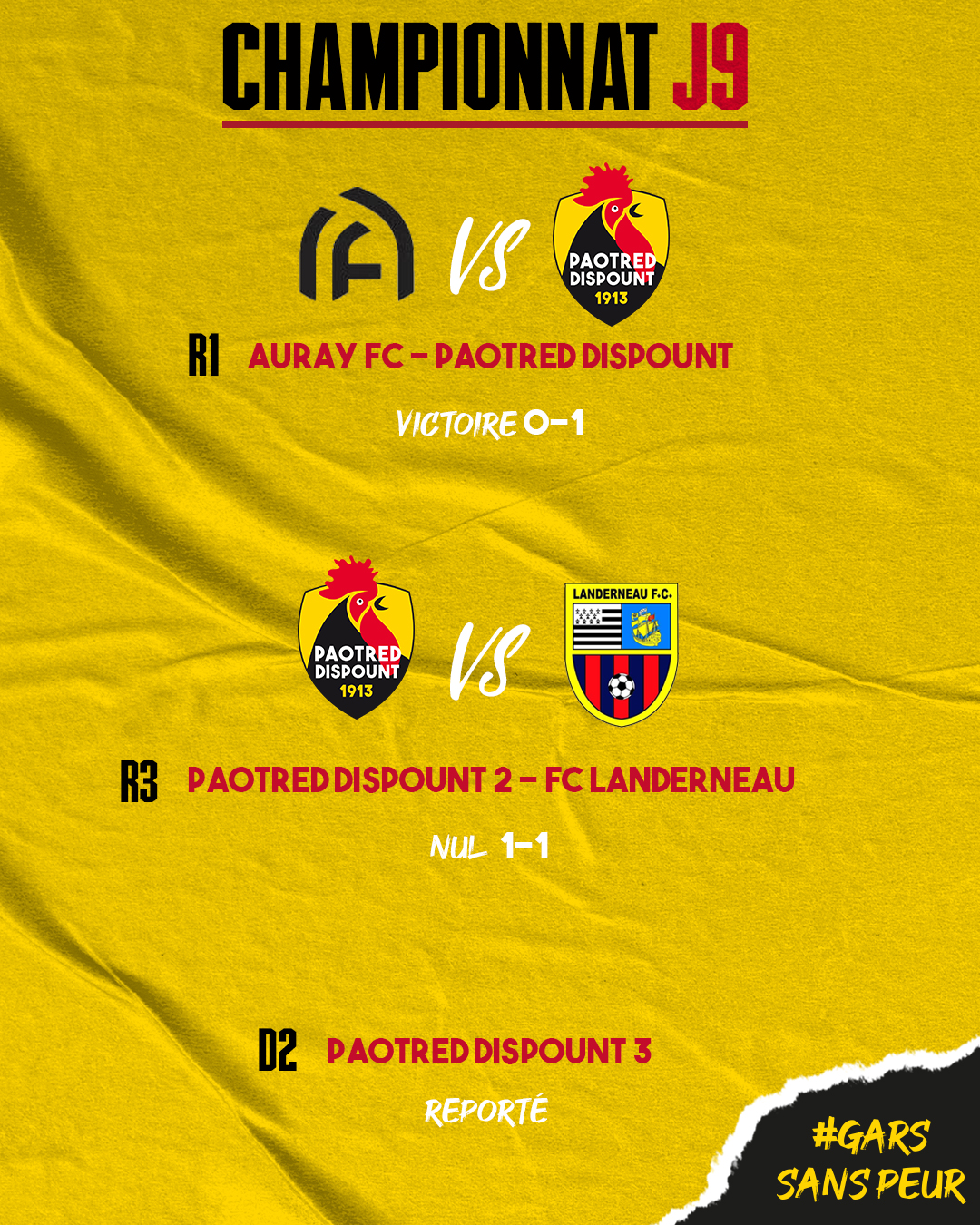 résultats de nos séniors pour la 9ème journée de championnat