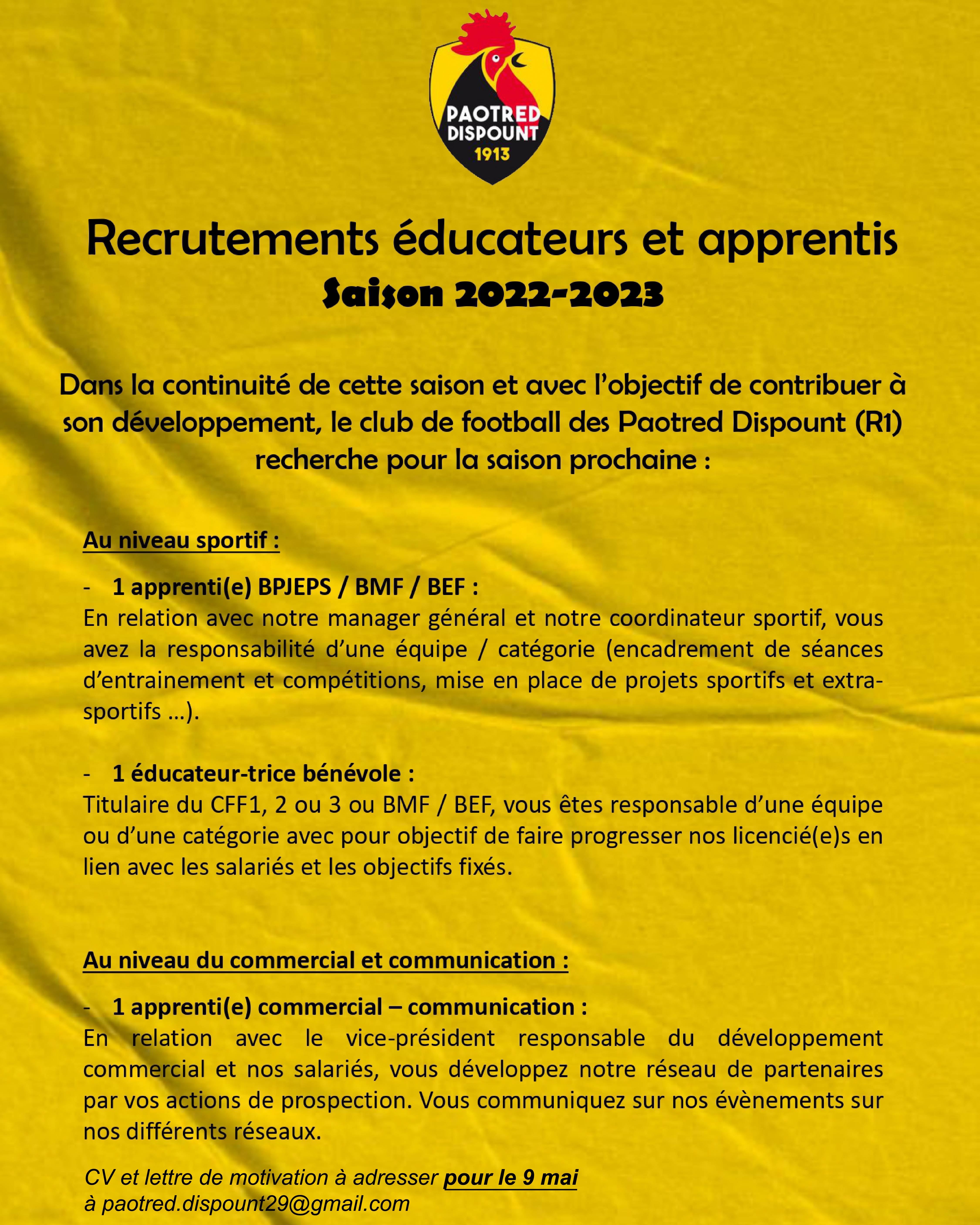 Recrutement saison prochaine